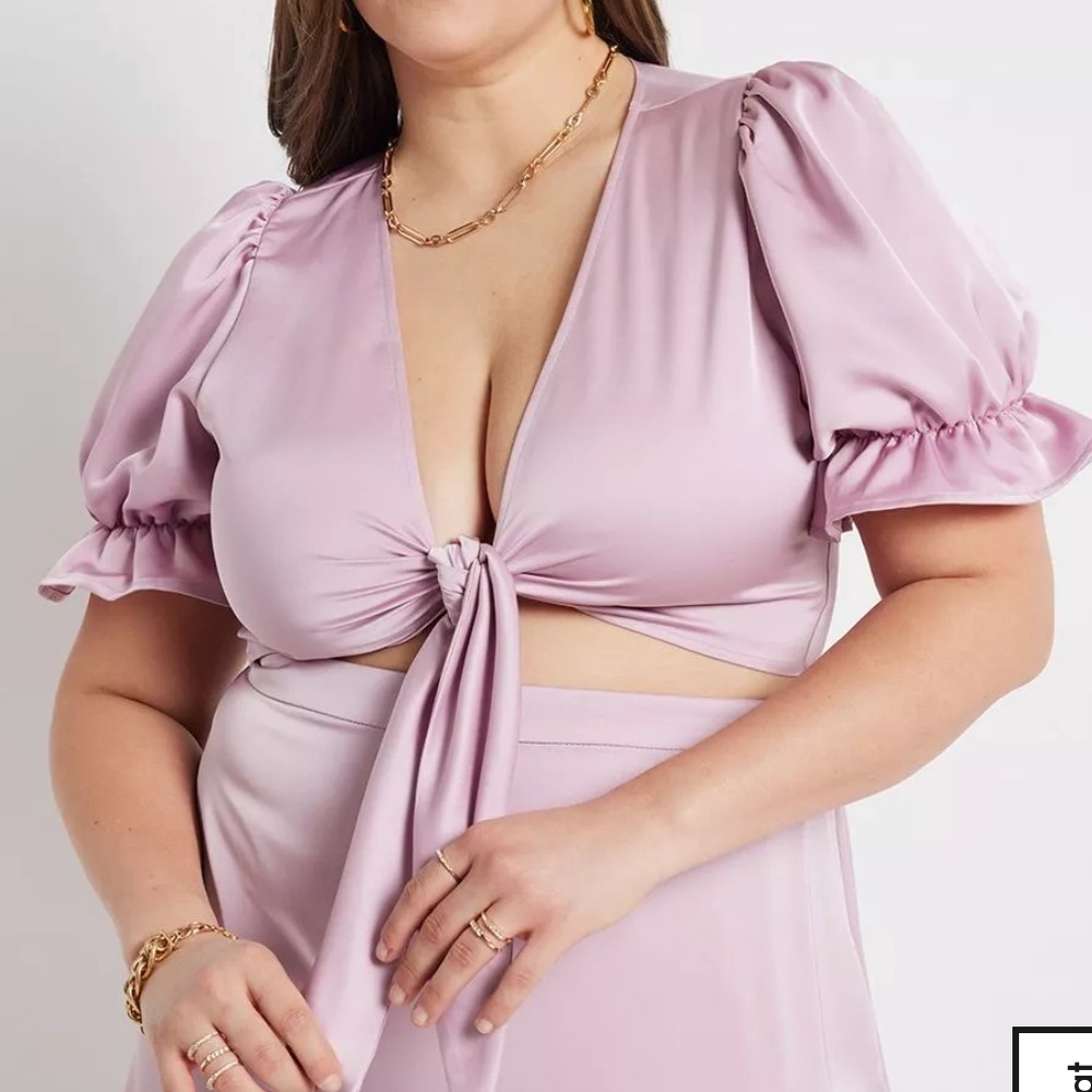 Eloquii Tie Front Satin Cropped Blouse